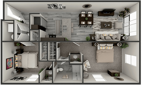 A 3D rendered image of a modern, minimalist apartment layout.